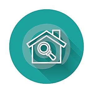 White line Search house icon isolated with long shadow background. Real estate symbol of a house under magnifying glass