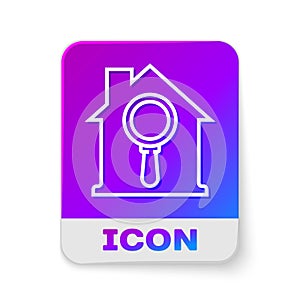 White line Search house icon isolated on white background. Real estate symbol of a house under magnifying glass