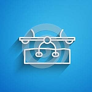 White line Seesaw icon isolated on blue background. Teeter equal board. Playground symbol. Long shadow. Vector