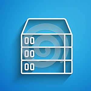 White line Server, Data, Web Hosting icon isolated on blue background. Long shadow. Vector