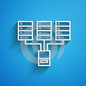 White line Server, Data, Web Hosting icon isolated on blue background. Long shadow