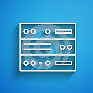 White line Server, Data, Web Hosting icon isolated on blue background. Long shadow