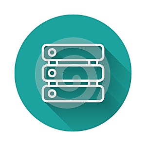 White line Server, Data, Web Hosting icon isolated with long shadow background. Green circle button. Vector