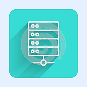 White line Server, Data, Web Hosting icon isolated with long shadow background. Green square button. Vector