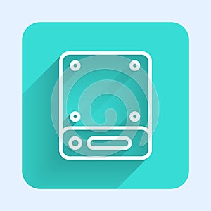 White line Server, Data, Web Hosting icon isolated with long shadow background. Green square button. Vector