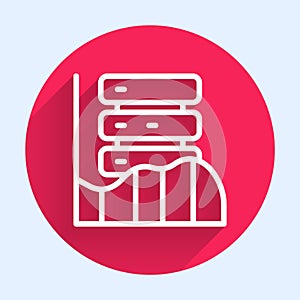White line Server, Data, Web Hosting icon isolated with long shadow background. Red circle button. Vector