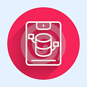 White line Server, Data, Web Hosting icon isolated with long shadow background. Red circle button. Vector