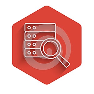 White line Server, Data, Web Hosting icon isolated with long shadow background. Red hexagon button. Vector