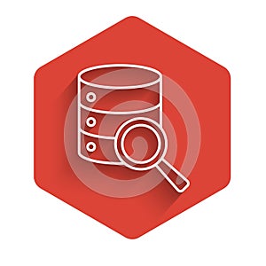 White line Server, Data, Web Hosting icon isolated with long shadow background. Red hexagon button. Vector