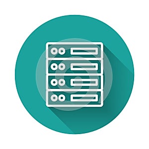 White line Server, Data, Web Hosting icon isolated with long shadow. Green circle button. Vector