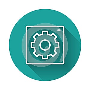 White line Setting icon isolated with long shadow background. Tools, service, cog, gear, cogwheel sign. Green circle