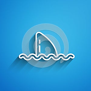 White line Shark fin in ocean wave icon isolated on blue background. Long shadow. Vector