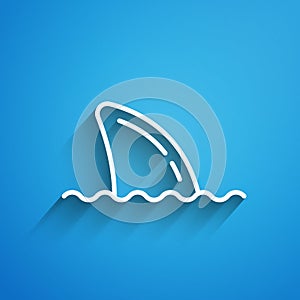 White line Shark fin in ocean wave icon isolated on blue background. Long shadow. Vector