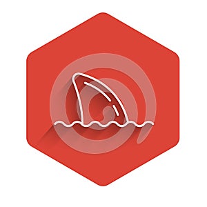 White line Shark fin in ocean wave icon isolated with long shadow background. Red hexagon button. Vector