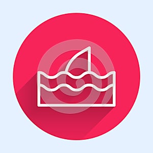 White line Shark fin in ocean wave icon isolated with long shadow. Red circle button. Vector