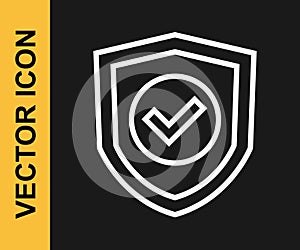 White line Shield with check mark icon isolated on black background. Protection symbol. Security check Icon. Tick mark