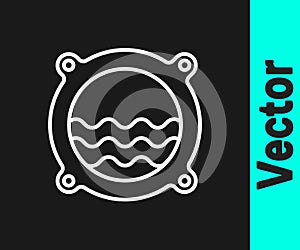 White line Ship porthole with rivets and seascape outside icon isolated on black background. Vector