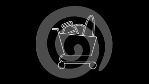 White line Shopping cart and food icon isolated on black background. Food store, supermarket. 4K Video motion graphic