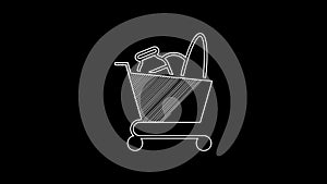 White line Shopping cart and food icon isolated on black background. Food store, supermarket. 4K Video motion graphic