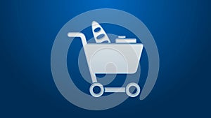 White line Shopping cart and food icon isolated on blue background. Food store, supermarket. 4K Video motion graphic