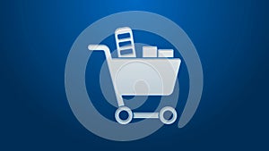 White line Shopping cart and food icon isolated on blue background. Food store, supermarket. 4K Video motion graphic