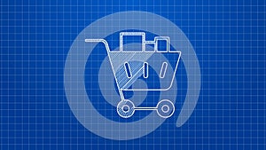 White line Shopping cart and food icon isolated on blue background. Food store, supermarket. 4K Video motion graphic