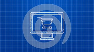 White line Shopping cart on monitor icon isolated on blue background. Concept e-commerce, e-business, online business