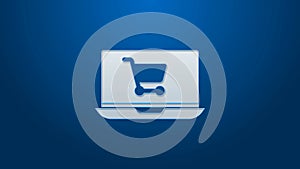 White line Shopping cart on screen laptop icon isolated on blue background. Concept e-commerce, e-business, online