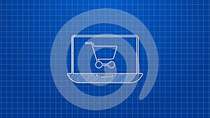 White line Shopping cart on screen laptop icon isolated on blue background. Concept e-commerce, e-business, online