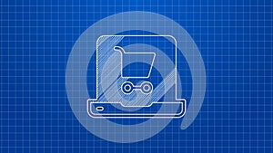 White line Shopping cart on screen laptop icon isolated on blue background. Concept e-commerce, e-business, online