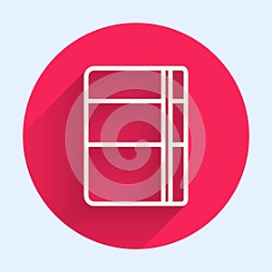 White line Sketchbook or album icon isolated with long shadow. Red circle button. Vector
