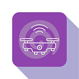 White line Smart drone system icon isolated on white background. Quadrocopter with video and photo camera symbol. Purple