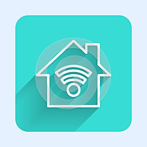White line Smart home with wi-fi icon isolated with long shadow. Remote control. Green square button. Vector