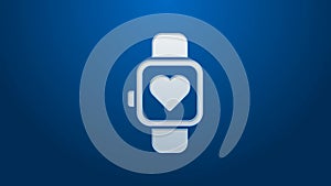 White line Smart watch showing heart beat rate icon isolated on blue background. Fitness App concept. 4K Video motion