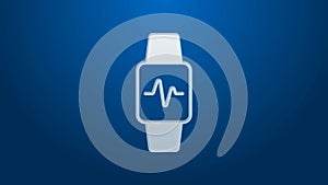 White line Smart watch showing heart beat rate icon isolated on blue background. Fitness App concept. 4K Video motion