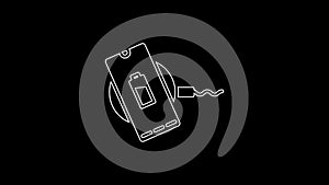 White line Smartphone charging on wireless charger icon isolated on black background. Charging battery on charging pad