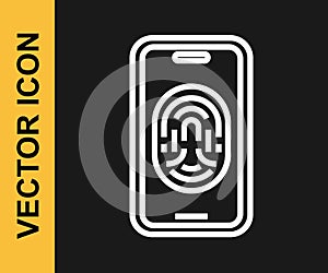 White line Smartphone with fingerprint scanner icon isolated on black background. Concept of security, personal access