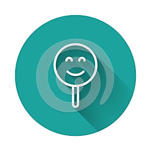 White line Smile face icon isolated with long shadow background. Smiling emoticon. Happy smiley chat symbol. Green