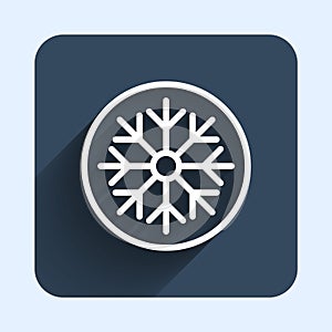 White line Snowflake icon isolated with long shadow background. Merry Christmas and Happy New Year. Blue square button