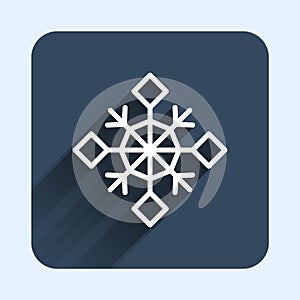 White line Snowflake icon isolated with long shadow background. Merry Christmas and Happy New Year. Blue square button