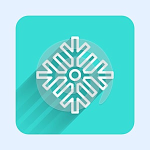 White line Snowflake icon isolated with long shadow background. Merry Christmas and Happy New Year. Green square button