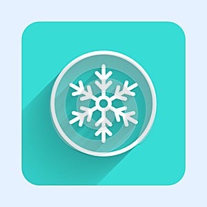 White line Snowflake icon isolated with long shadow background. Merry Christmas and Happy New Year. Green square button