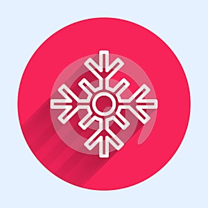 White line Snowflake icon isolated with long shadow. Merry Christmas and Happy New Year. Red circle button. Vector