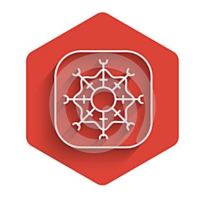 White line Snowflake icon isolated with long shadow. Merry Christmas and Happy New Year. Red hexagon button. Vector