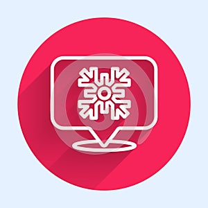 White line Snowflake with speech bubble icon isolated with long shadow. Merry Christmas and Happy New Year. Red circle