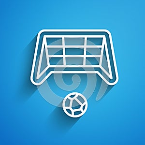 White line Soccer goal with ball icon isolated on blue background. Long shadow. Vector