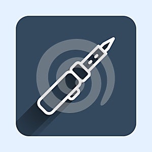White line Soldering iron icon isolated with long shadow background. Blue square button. Vector