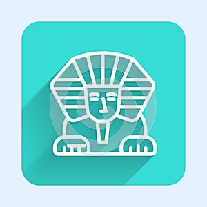 White line Sphinx - mythical creature of ancient Egypt icon isolated with long shadow background. Green square button