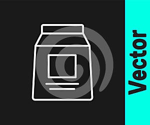 White line Sports nutrition bodybuilding proteine power drink and food icon isolated on black background. Vector