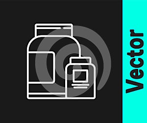 White line Sports nutrition bodybuilding proteine power drink and food icon isolated on black background. Vector